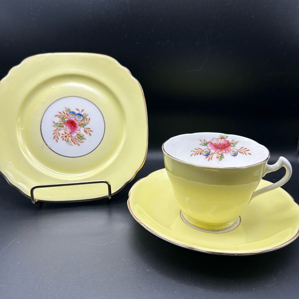 Vintage Balfour Royal Crown Pottery Yellow Tea Cup, Saucer & Side plate